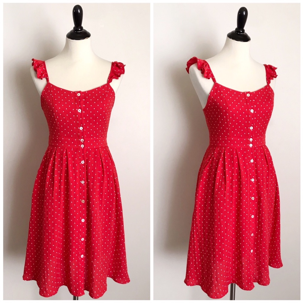 HYFYVE Red Polkadot Button Up Summer Midi Dress - Picture 2 of 7